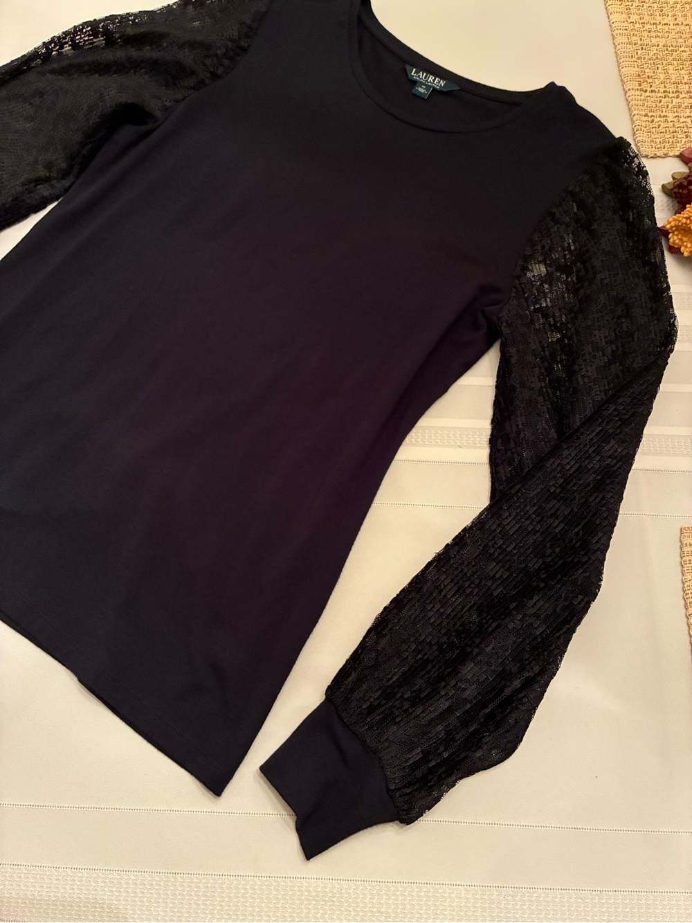 Lauren Ralph Lauren Black Knit Top with Sheer Lace Balloon Sleeves MEDIUM